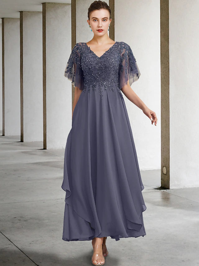 A-Linie, Übergröße, geschwungenes Kleid für die Brautmutter, elegant, V-Ausschnitt, knöchellang, Chiffon, Spitze, kurze Ärmel mit Perlen- und Paillettenapplikationen